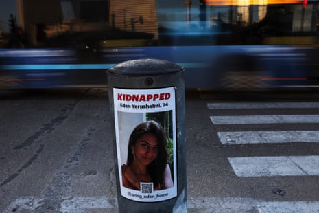A poster of Eden Yerushalmi who was kidnapped during Hamas’s 7 October attack is displayed on a pole in Tel Aviv.