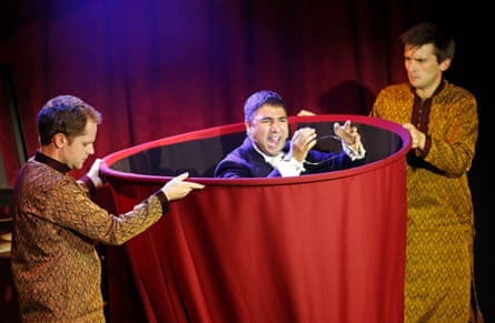 David Elms, Nick Mohammed and Kieran Hodgson in Mr Swallow: Houdini at the Edinburgh fringe in 2016.