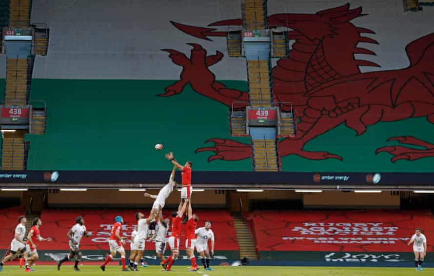 Toby Faletau catches a line-out for Wales during the Wales v England Six Nations international rugby union match at the Principality Stadium on February 27th 2021.