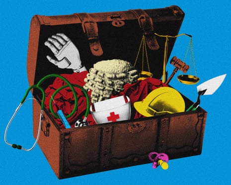 An open suitcase containing professional items including a judge's wig, scales of justice, hard hat, medical supplies, and stethoscope