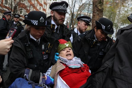 A protester is carried away by police during a demonstration in support of the banned Palestine Action group, London, 24 November 2024.