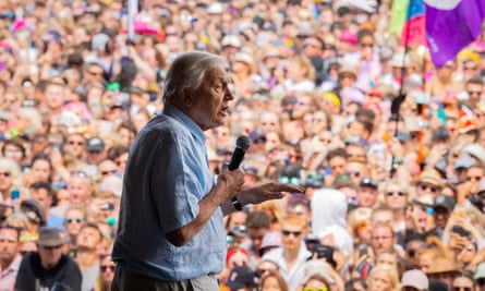 David Attenborough addresses the crowds from the Pyramid stage