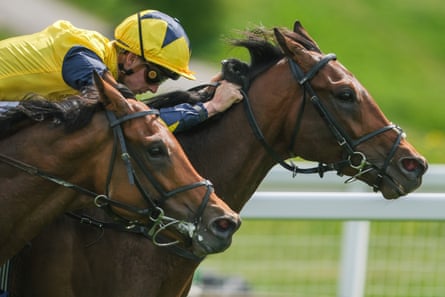 Harry Davies riding Sea Scout (yellow) win The Blue Riband Trial at Epsom in April.