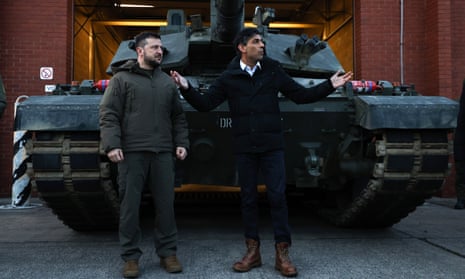 The Ukrainian president, Volodymyr Zelenskiy, and the British prime minister, Rishi Sunak, at Lulworth Camp army base in England on Wednesday