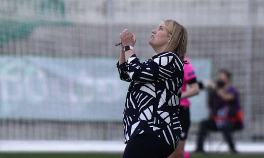 Chelsea’s manager, Emma Hayes, reacts after her team reached the Champions League semi-finals.