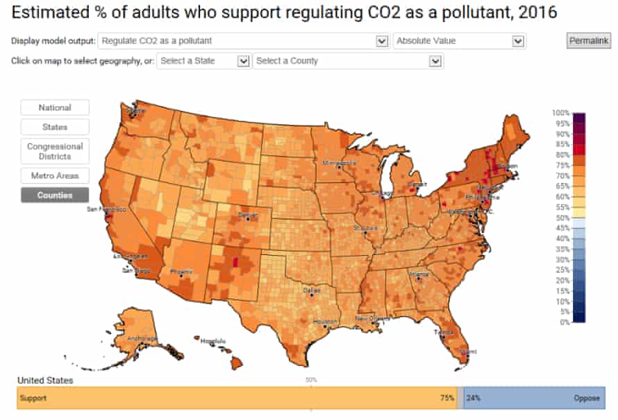 American support for carbon pollution regulations, by county.