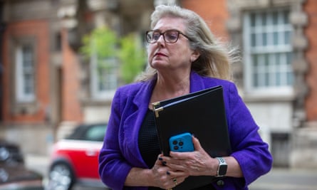 Susan Hall: she is pictured in a street with a redbrick building in the background. She wears a black top, bright purple jacket and glasses, with her grey-blond hair flowing loose in the wind, and carries a black folder and blue iPhone. 