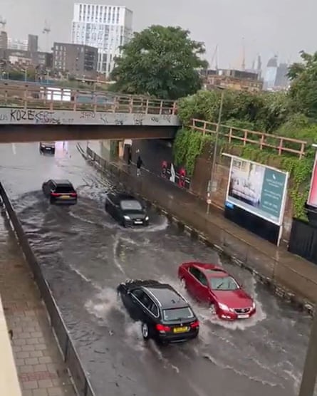 Flooded Queenstown Road in Battersea, south London