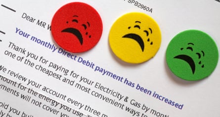 Letter from a utility company informing that the monthly direct debit payment has been increased for electricity and gas with teardrop stickers
