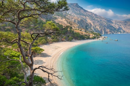 A crescent-shaped beach of golden sand backed by pine trees, with mountains in the distance and a turquoise sea.
