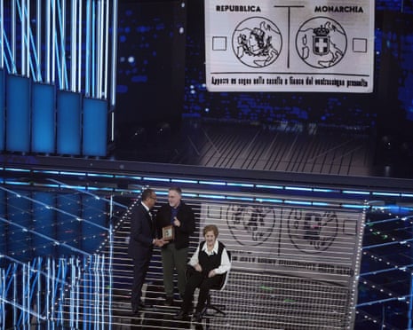105-year-old Gianna Pratesi appears at the 76th edition of the Sanremo Italian Song festival at the Ariston Theatre in Sanremo, northern Italy.