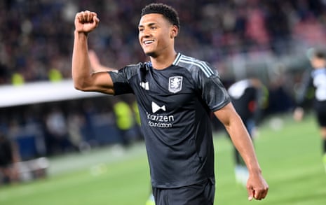 Ollie Watkins salutes travelling fans after scoring Aston Villa’s third goal against Bologna at the Renato Dall'Ara Stadium.