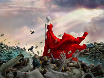 illustration of a dressmaker’s mannequin in a red dress walking through a grey field made up of trampled mannequins – or is it people? – with money floating around in the air