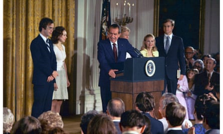President Richard Nixon announces his resignation as President, following the Watergate scandal.