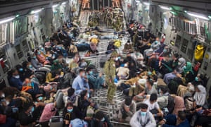 Australian citizens and visa holders evacuees travel from Kabul to the Australian Defence Force’s main operating base in the Middle East onboard a Royal Australian Air Force C-17A Globemaster III aircraft.