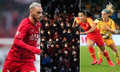 No games. L-R: Marko Arnautovic of Shanghai, Vissel Kobe fans wearing face masks, Song Duan of China competes for the ball with Ellie Carpenter of the Matilda’s during the Women’s Olympic Football Tournament Qualifier between Australia and China in Sydney.