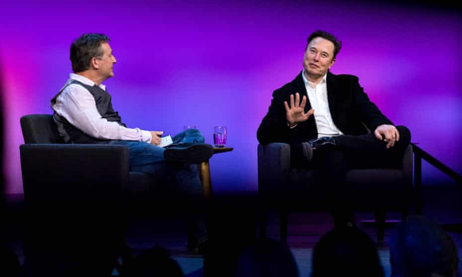 Elon Musk and Chris Anderson, the head of TED, during an interview in Vancouver, Canada, on 14 April. 