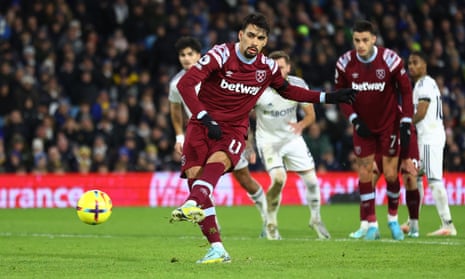 West Ham United's Lucas Paqueta scores their first goal from the penalty spot after Leeds' Pascal Struijk fouled Jarrod Bowen of West Ham United in the box.
