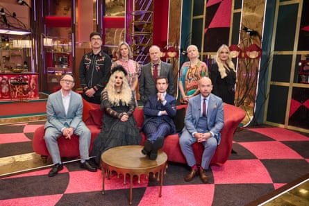 Last One Laughing Halloween cast pose on and around a red couch in costume