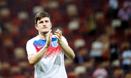 Harry Maguire applauds fans after England’s defeat by Croatia at the World Cup in 2018.