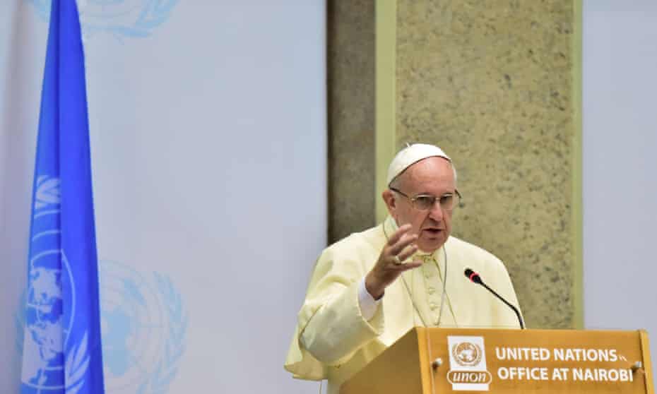 Pope Francis delivers a speech at the UN office in Nairobi