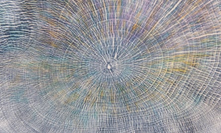 Closeup of a print of the inside of the trunk, in purple-y and yellow tones