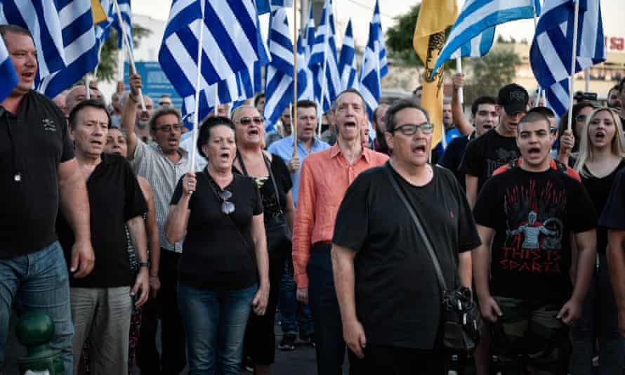 Golden Dawn supporters protest against the building of a mosque in Athens in 2018.