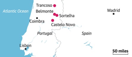 A map showing Lisbon, Madrid, Coimbra and some of the historic hamlets