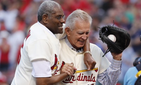 Tim McCarver with former Cardinals teammate Bob Gibson during a ceremony to commemorate the 50th anniversary of their 1967 World Series win