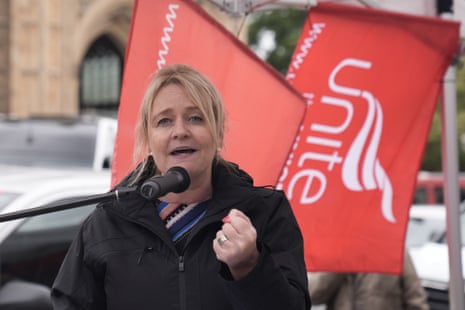 General Secretary of the Unite the Union, Sharon Graham, speaks at a Lindsey oil refinery workers rally outside the Houses of Parliament in London on 3 September.