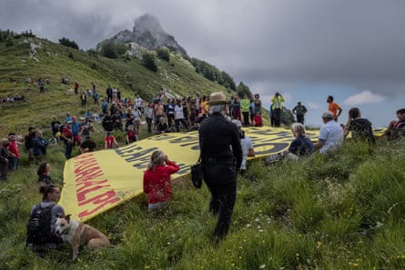 A crowd gathers to protest against the reopening of quarries in the Foce a Giovo pass near Lucca, Tuscany.