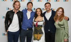 Sanditon stars (l-r) Jack Fox, Kris Marshall, Rose Williams, Leo Suter and Charlotte Spencer