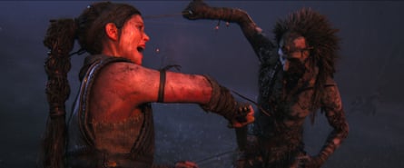 Screenshot of woman slashing a monster