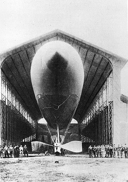 A photo from 1885 of the La France, a large airship that resembles a hydrogen balloon with a cabin below