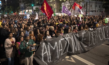 Demonstrators march during a protest in São Paulo.