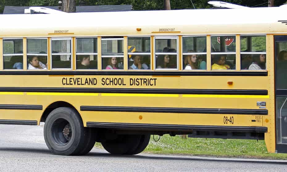 A school bus in Cleveland, Mississippi, where 12% of teens were not in school in 2015.