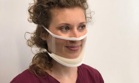A ClearMask transparent mask, worn by a model, which allows people to be able to lip read.