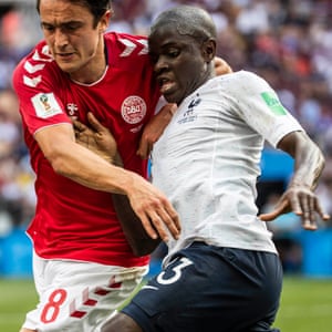 Denmark’s Thomas Delaney is challenged by N’Golo Kante of France at Luzhniki Stadium.