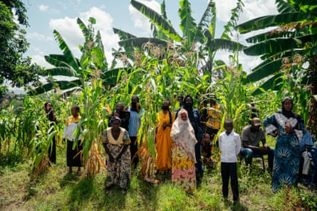 A disparate group of African people standing among dense greenery.