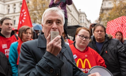 John McDonnell joins a protest by striking McDonald’s workers at Downing Street.