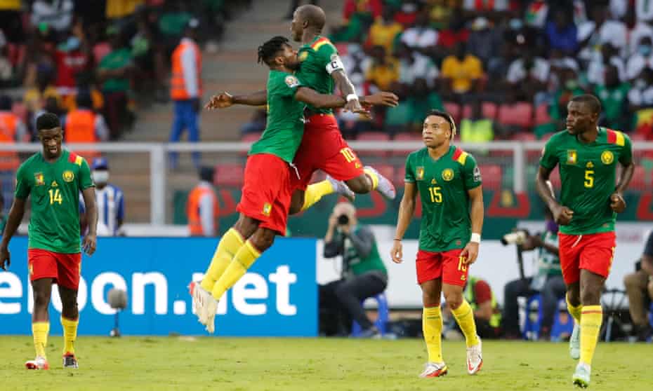 Cameroon's Vincent Aboubakar celebrates scoring the second of his two penalties in the victory over Burkina Faso in Yaoundé.