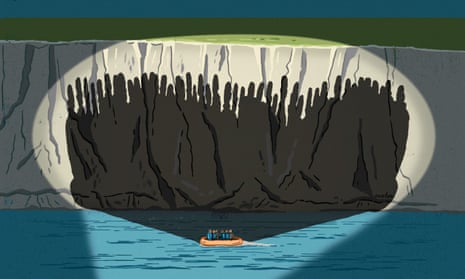 Illustration by Eva Bee of people is a small boat approaching the UK coast.