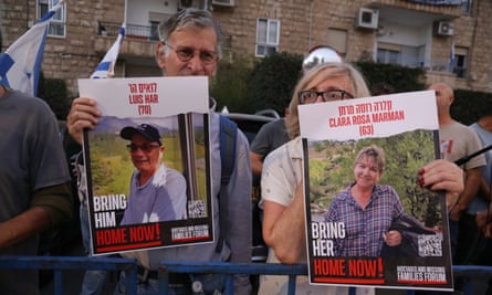 Supporters of the families of hostages held by Hamas in Gaza hold a vigil outside the residency of Israel’s president, Isaac Herzog.