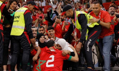Achraf Hakimi’s mum gives him a kiss on the cheek after his winning penalty against Spain in the last 16
