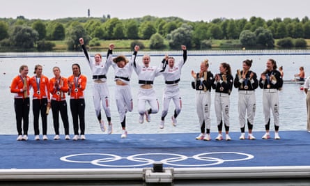 Georgina Brayshaw, Lola Anderson, Hannah Scott and Lauren Henry celebrate gold in the women’s quad sculls