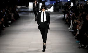 A model presents a creation by the designer Hedi Slimane for Celine in Paris.