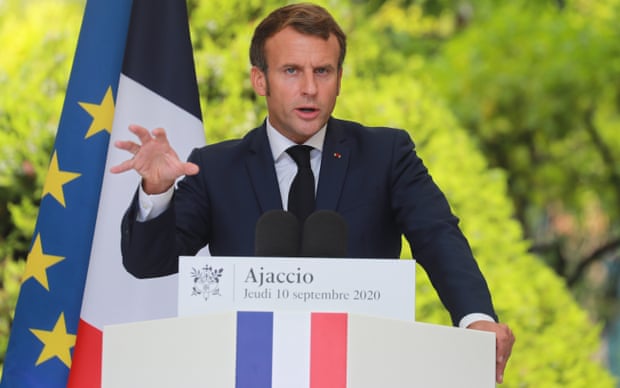 Emmanuel Macron gives a press conference at the Med7 summit in Corsica on Thursday.