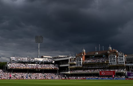 England’s Liam Livingstone receives a delivery beneath some dark clouds at the Oval during the 3rd Metro Bank ODI between England and New Zealand.