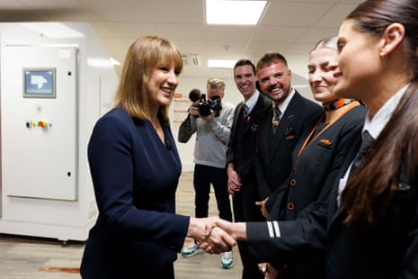 Chancellor of the Exchequer Rachel Reeves meets staff during a visit to the Easyjet CAE Simulator Centre at London Gatwick Airport in Crawley, West Sussex.