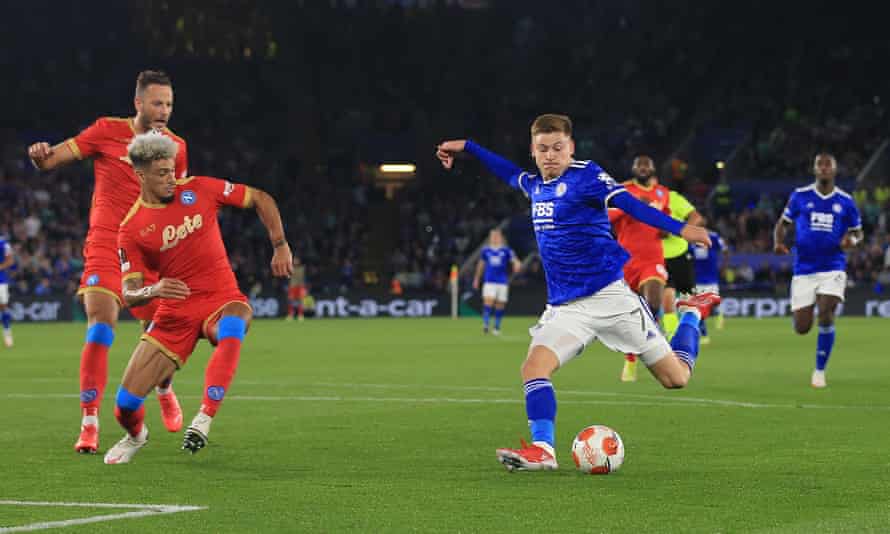 Harvey Barnes fires Leicester 2-0 ahead in the second half.